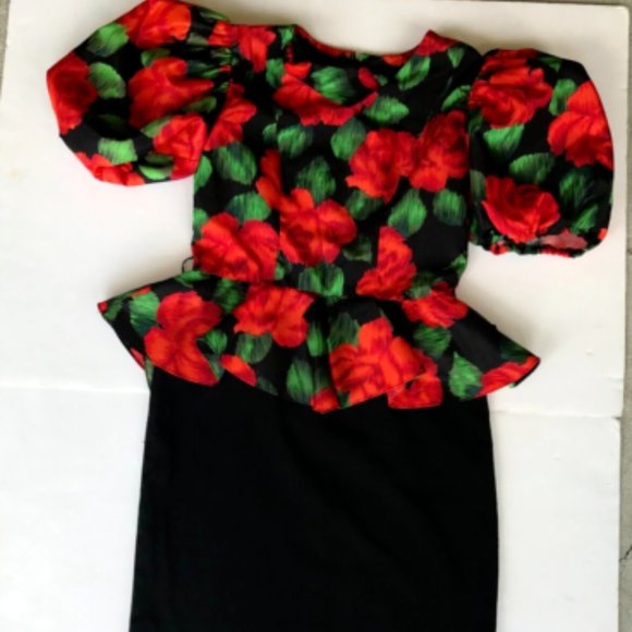 Mr. Mort Dress Black Red Floral Puff Sleeves Wedding Party Art Deco VTG… - Picture 2 of 14
